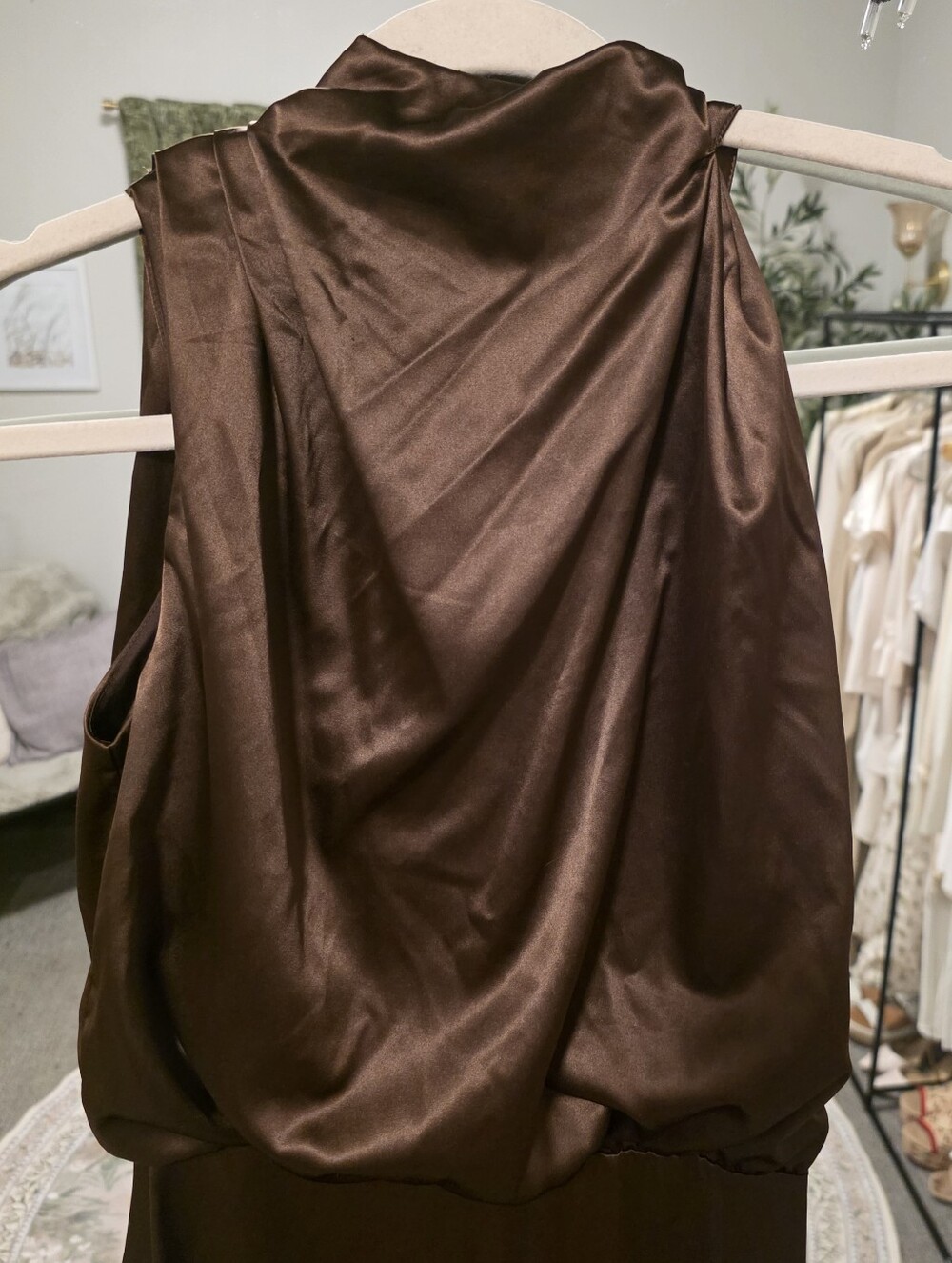 Cherley Chocolate Satin Asymmetrical High-Neck Midi Dress - Picture 4 of 9